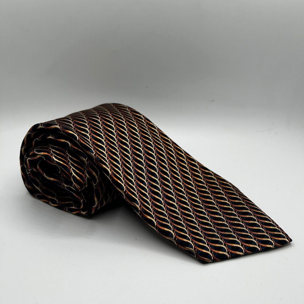 Ermenegildo Zegna Silk Tie Gold‎ Orange Navy Blue Geometric Wavy Stripe Italy